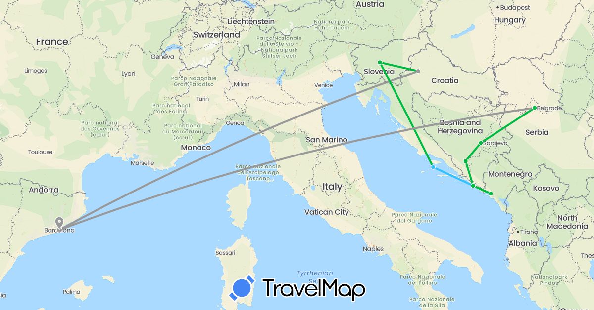 TravelMap itinerary: bus, plane, boat in Bosnia and Herzegovina, Spain, Croatia, Montenegro, Serbia, Slovenia (Europe)
